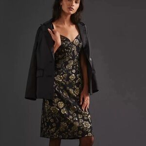 Anthropologie Maeve Slim Jacquard Mini Dress Black Gold Size 10